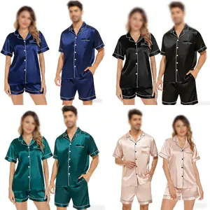 Women & Men's Matching Satin Pajama Set  Short Sleeve Couple Loungewear Comfortable Nightwear for Valentine's Day Anniversary Homewear