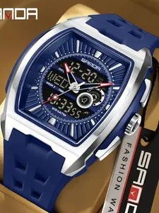 Sanda Wine Barrel Electronic Watch, Multifunctional Timer Rubber Strap Waterproof Three Time Zones Men's Watch, Night Glow, Luminous Analog Fashion Digital Watch