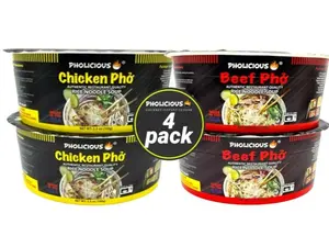 Pholicious Instant Pho Variety Pack, Vietnamese Rice Noodle Soup, 4 Count Combo Box, 2 Chicken & 2 Beef Single Serve 3.6 Ounce Bowls, Ramen Alternative & Fresh Ingredients, As Seen on Shark Tank