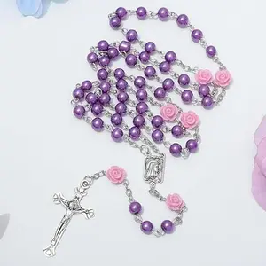 Holy Week Lent Purple Rose Rosary with Crucifix | Catholic Beaded Prayer Necklace for Women | Religious Devotional Jewelry | Spiritual Faith Gift for Church Daily Prayer Easter Devotion Mother's Day Gift