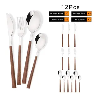 Elegant Stainless Steel Cutlery Set, Utensils, Dinnerware Service Set with Wooden Handles, Modern Tableware Sets, Tableware Kit, Cutlery Service Kits, Available in 12/16/24 Pieces, Perfect for Home Dining, Parties & Events