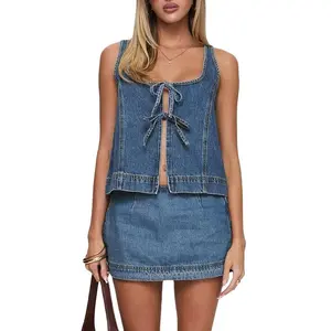 Women’s Two Piece Denim Outfits Sleeveless Tie-up Front Tops and Mini Skirt Set Clubwear Blue Casual High-Rise Cropped Wide-Leg Jeans Clothes Womenswear Check Outdoors Suits Summer Basic Fitted Minimalist Gamis SpringGift