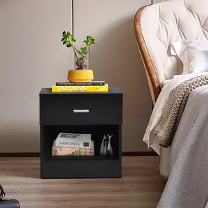 (High end and high-quality)1 Drawer Metal Handle Bedside Cabinet Night Table Black, side table, bedside furniture, side table with drawers, suitable for bedrooms and living rooms
