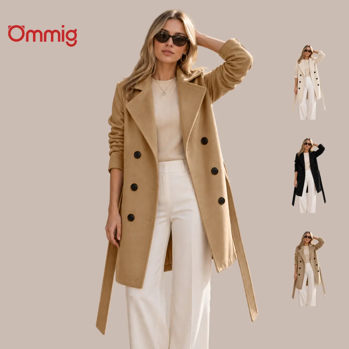 Ommig Women's Fall Winter Wool Blend Peacoat Double Breasted Mid Length Wool Trench Coat