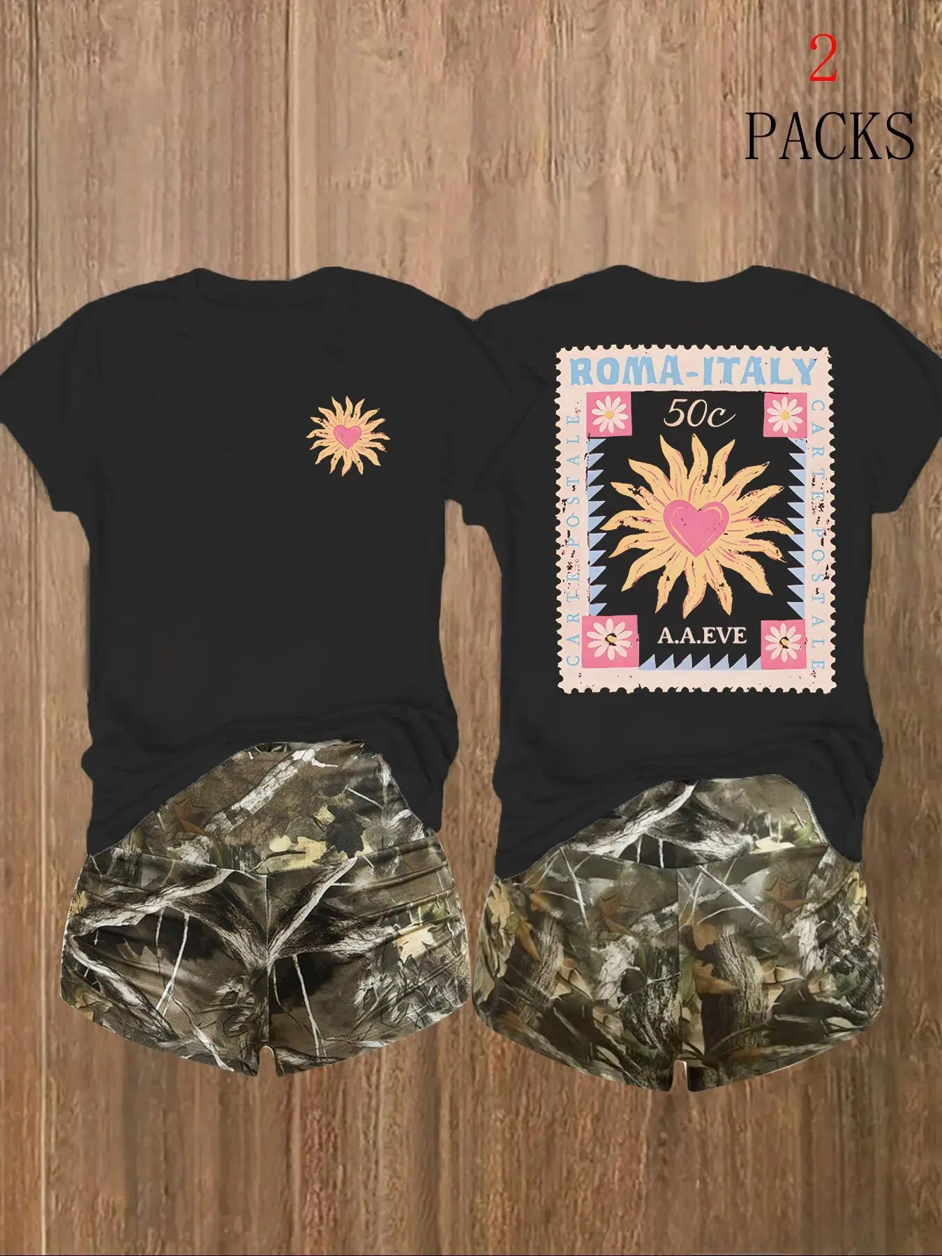 Women's 2-Piece Set Roman Italy Postcard T-Shirt + Camo Shorts, Soft Cotton, Vintage Stamp Print, Sporty Style, Travel & Music Festival Wear