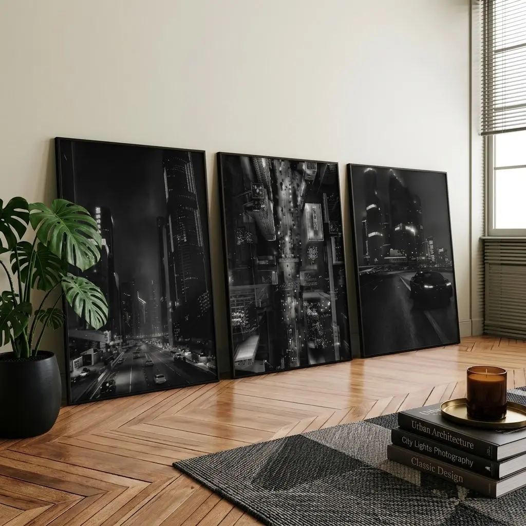 3-Piece Dark Cityscape Wall Art Prints - Night Urban Skyline Aerial Photos, Skyscraper Decor Set for Man Cave, Digital Download (Frame Not Included)
