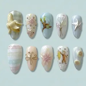 3D Banana Monkey Press-On Nails – Pastel Summer Nail Art