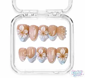 GakuNails OCEAN VEIL 10-Piece Short Almond Handmade Press-On Gel Tips, 3D Blue Flower Builder Gel with Gold Accents, Reusable Multi-Pack with Nail Glue & Debonder (High Reusability), Flower Nails, Diy Nail Art