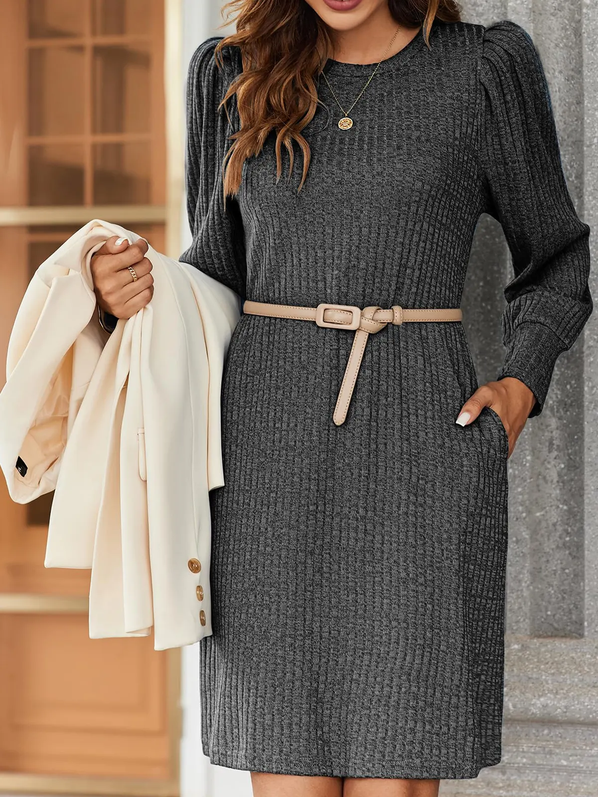 Rib Knit Puff Sleeve Dress for Women - Trendy Long Sleeve Mini Dress for Autumn & Winter Outfits
