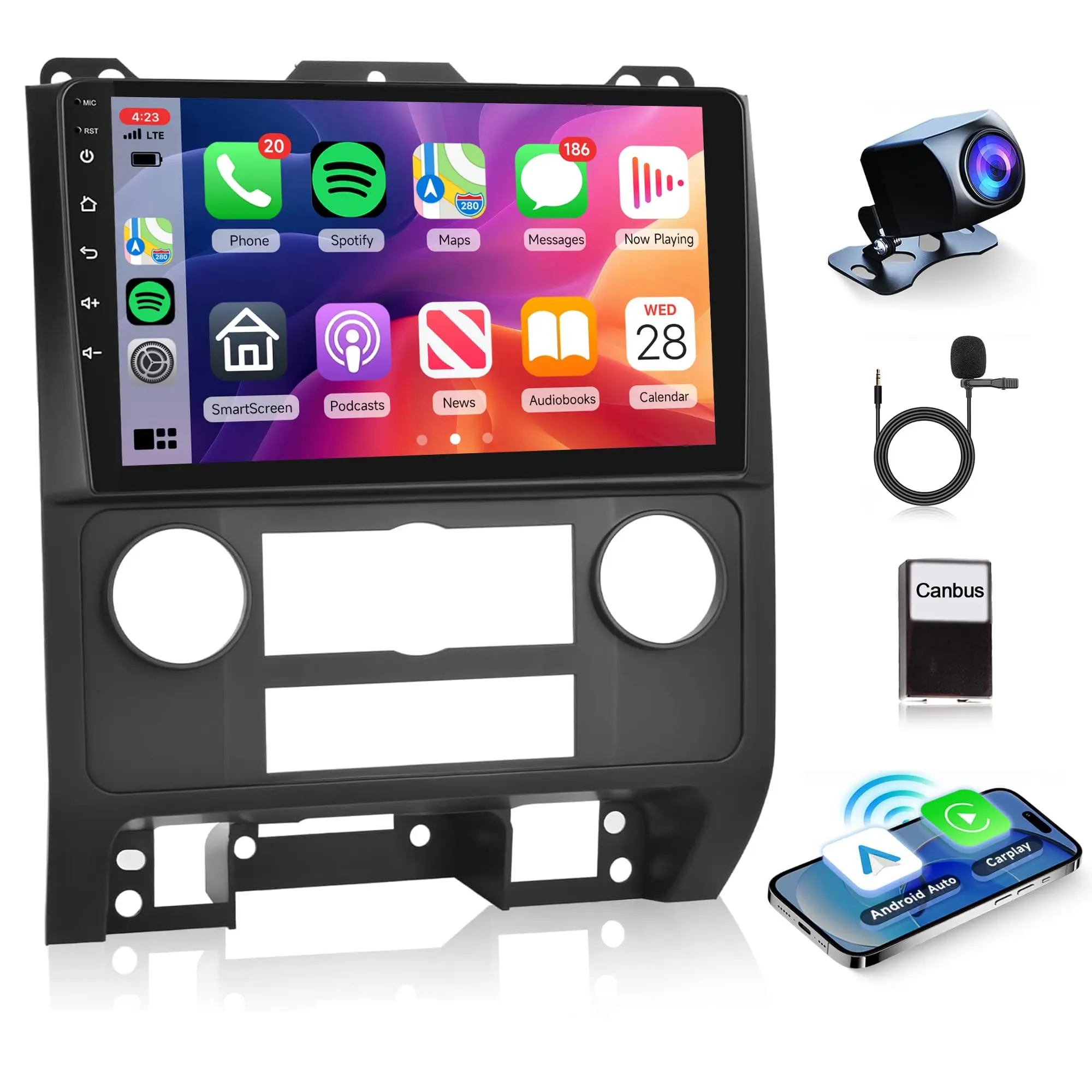 Summervibes 9-in Car Video Player for Ford Escape 2007-2012/Mazda Tribute 2007-2012, Android 15 Car Radio with 2G+64G, CarPlay, Android Auto, GPS Navigation, Wi-Fi, HiFi Audio, Bluetooth, FM, Backup Camera, Carplay Wireless Adapter, Father's Day Gift