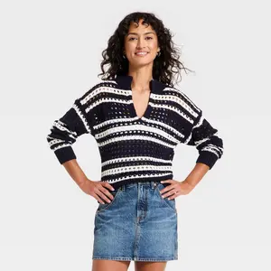 Women's Openwork V-Neck Striped Pullover Sweater - Universal Thread