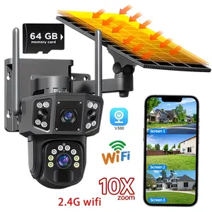Solar-Powered Wireless Outdoor Security Camera with 4K HD Dual Lens, PIR Motion Sensor, Color Night Vision, Two-Way Audio, 355° Pan-Tilt, Battery & Solar Panel, Built-in, 64GB Storage Card – Wireless CCTV System Suitable for /Office/Driveway/Parking