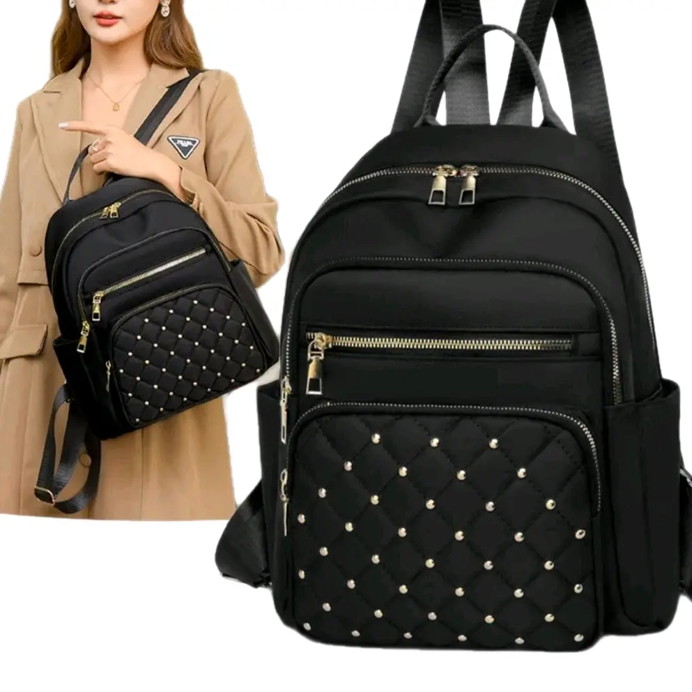 Women's Quilted Studded Black Nylon Backpack