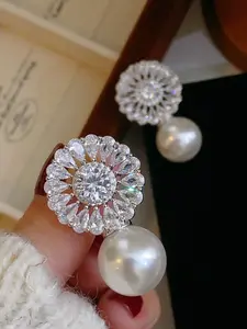Elegant Flower Zircon Earrings, Vintage Faux Pearl Studs, Perfect Gift for Bridesmaids, Christmas Jewelry, High-Quality Luxury Accessories