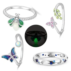 Original accessory S925 pure silver, women's fashionable glowing green firefly ring, retro wide face ring, suitable for daily gatherings, parties, weddings, DIY holiday birthday gifts, minimalist style jewelry