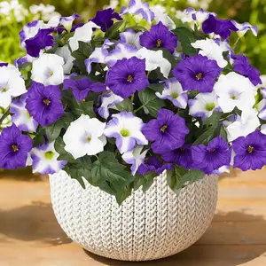 6pcs Artificial Flowers for Outdoors, Faux Petunias Spring Summer Decoration, Fake Flowers Plants UV Resistant Look Real Silk Flowers for Outside Planter Front Door Porch Patio Yard, Artificial Flower Arrangements (Purple-White)