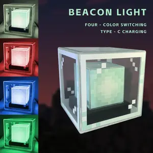 Minecraft Night Lights Pixel-Style Beacon Lamp Desktop Glowing Computer Atmosphere Game Ornament Gift Rechargeable Decorative Illumination