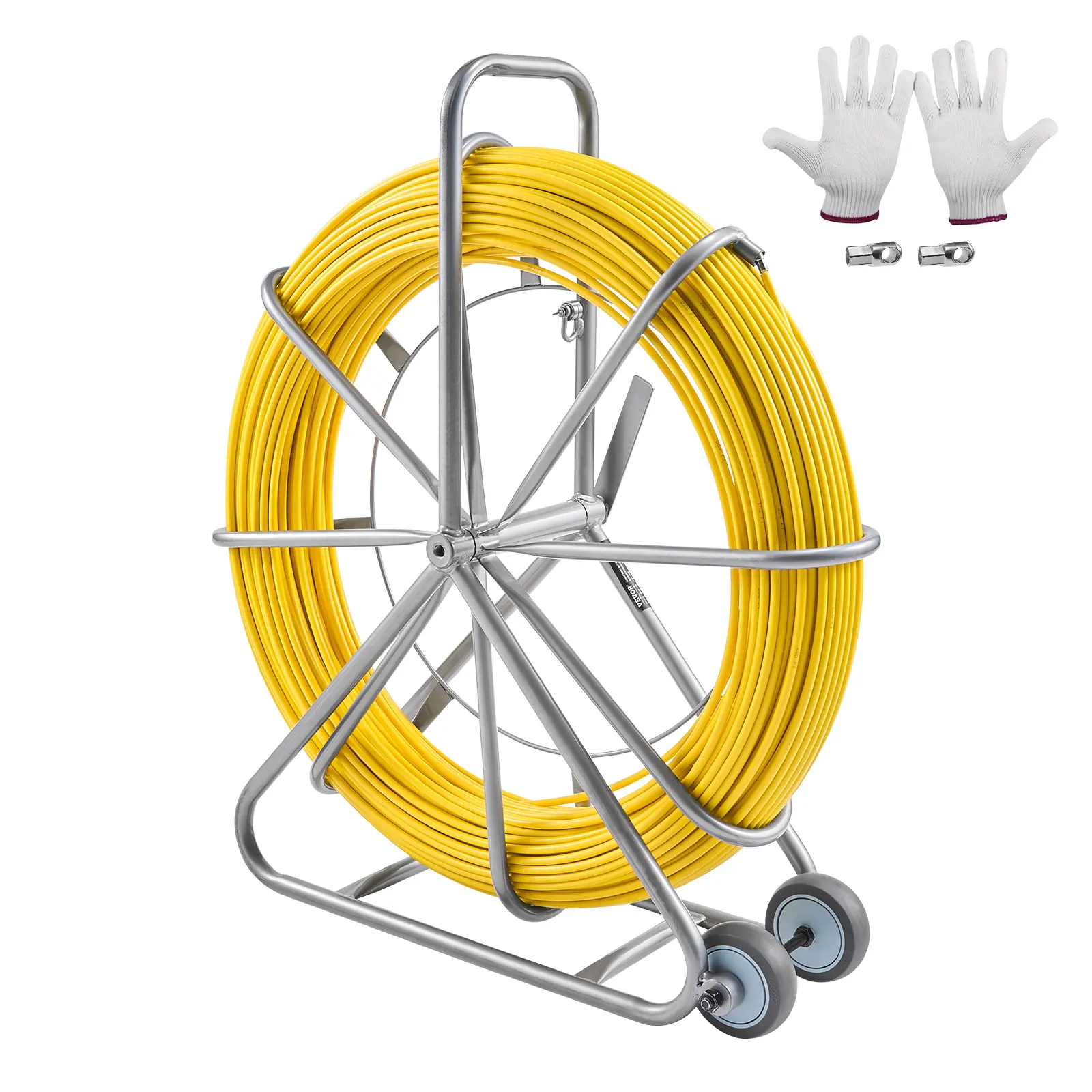 【BackToSchool】VEVOR Fiberglass Fish Tape Duct Rodder Cable Runner, 656 ft x 5/16 in Non-Conductive Cable Puller with Steel Reel Stand, 3 Pulling Heads, 10kN Pressure, Aging Resistance, ABS, Excellent Stability, Handle for Heavy Wire