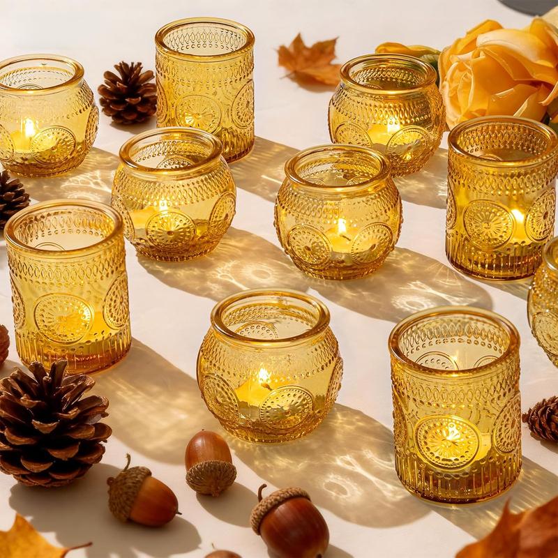 24-Piece Sunflower-Patterned Candle Glass Holder Set in Transparent/ Blue/ Amber/ Green Colors, Featuring 12 Round Cups and 12 Textured Cups, Suitable for Wedding, Party, Home