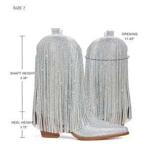 Cowboy Boots for Women - Cowgirl Rhinestone Boots with Sparkly Fringe Pointed Toe Western Boot Chunky Heel Pull-On Wide Calf Botas Vaqueras