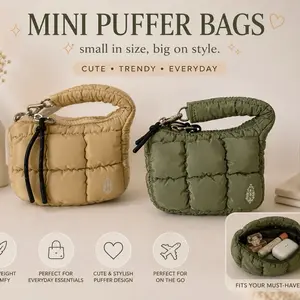Puffer Wallet with Zipper Closure and Wrist Strap - Beige Color, Compact Design, Ideal for Everyday Use