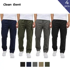 Clean Gent 4-Pack Men’s Minimalist Cargo Pants, adjustable drawstring elastic waistband, minimalist pocket design, stylish everyday versatile long pants, machine washable