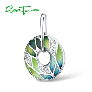 SANTUZZA 925 Silver White Cubic Zirconia Green Enamel Pendant Without Chain Leaf Circle Shaped Fashion Jewelry
