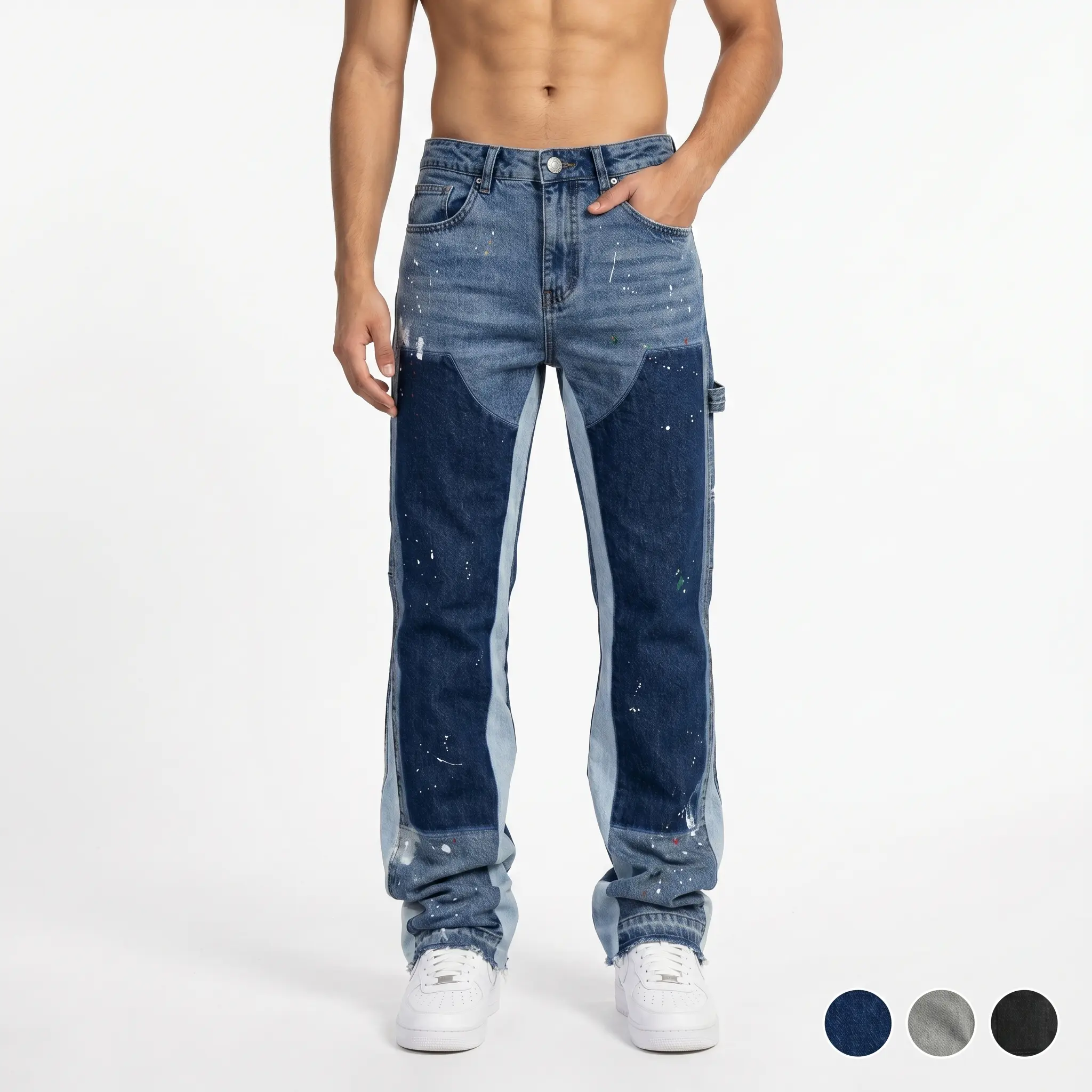 Men's Viral 2026 Trend Flare Denim Jeans Patchwork Paint Splatter Flare Denim Jeans Carpenter Pocket Raw Hem High Street Skate Pants Carpenter Flare Denim Jeans Raw Hem Loose Fit Stretch High Street Skate Pants for Men Streetwear Casual tiktokshopspringgl