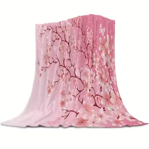 1pc Pink Cherry Blossom & Butterfly Print Flannel Blanket - Soft Warm All-Season Throw for Home, Office, Camping, Travel - Machine Washable Cozy Gift, Natureinspired Design | Plush Texture