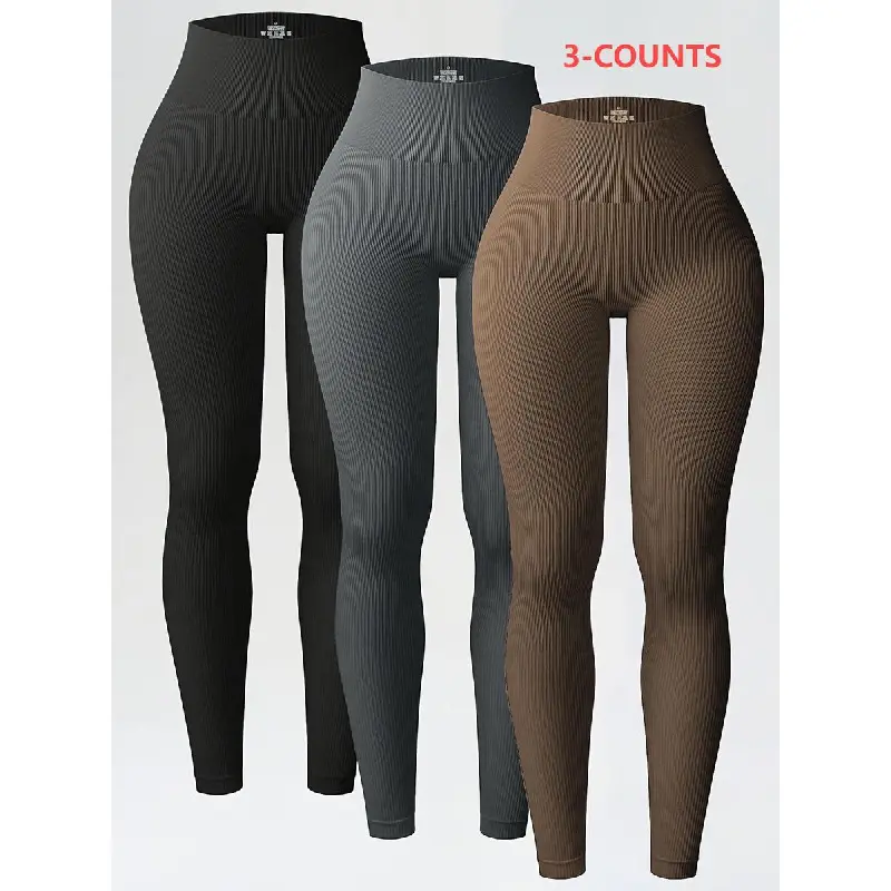 Women's High-Waist Full-Length Solid Striped Breathable Knit Skinny Leggings - 3-Counts Comfortable Bottoms for Yoga, Gym, All-Seasons Casual Wear