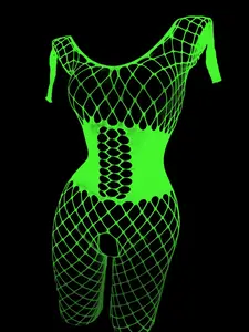 Women's Glow in The Dark Fishnet Cover Up Bodysuit, Hollow Out See Through Swimsuit Bodystocking, High Stretch Bodysuit for Music Festival, Sheer Cover Up