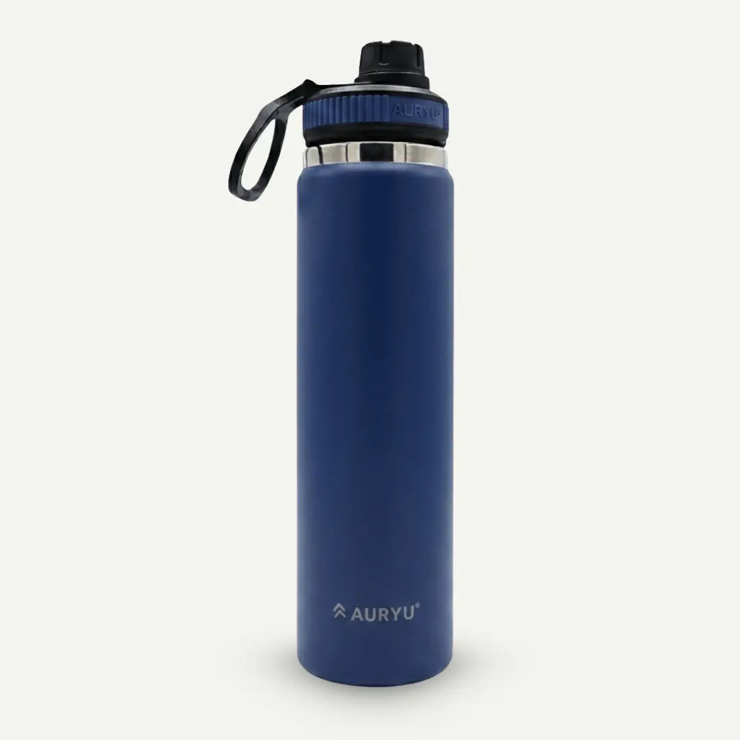24oz Triple-Walled Stainless Steel Water Bottle Leak Proof, BPA-Free Thermos with Bonus Spout Lid Wide Mouth Flask for Travel, Hiking, Gym, Hot & Cold Use, Navy Blue