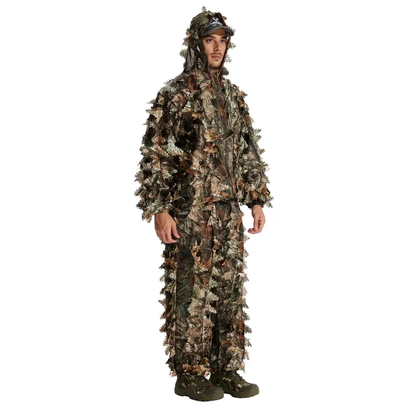 LOOGU Unisex 3D Leafy 2-Piece Ghillie Hunting Suit for Adults, Polyester Mesh Breathable Tactical Gear, Elastic Waist Free Size Camo Survival Kit for Turkey Hunting, Birdwatching, Paintball, Shooting