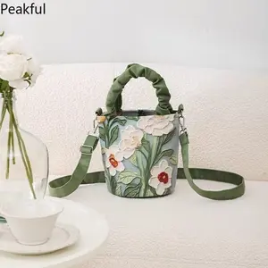 3D Floral Embroidery Convertible Bucket Bag, Popular Cottagecore Handbag with Detachable Strap, Textured Flower Art Tote Purse, adjustable strap & whimsical design, great for everyday use, photo shoots and gifting to nature lovers