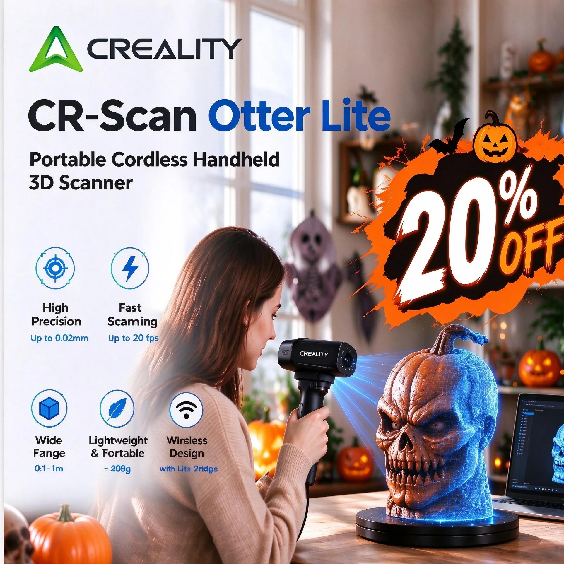 Creality CR-Scan Otter Lite Portable Cordless Handheld 3D Scanner with Lite Bridge, Wireless Connectivity for 3D Printing Supplies, Ideal for Hobbyists (Computers & Office Equipment)