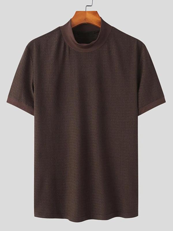 Men's Solid High Neck Knit Water Ripple Short Sleeve T-Shirt, Stylish Casual Sport Underwear, Outdoor Travel and Daily Leisure Essential Unisex Neutral Men's Solid High Neck Knit Water Ripple Short Sleeve T-Shirt, Stylish Casual Sport Underwear, Outdoor Travel and Daily Leisure Essential Unisex Neutral