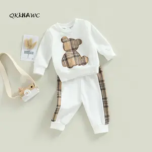 0-24M Baby Boys Girls Autumn Clothes Long Sleeve Plaid Bear Pattern Pullover Sweatshirt Tops Pants Set Child Outfits Tracksuits Set, Unisex Sets