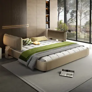 King Size Cloud Bed Frame with Oversized Padded Movable Headboard, Chenille Upholstered Bed with Round Corner,Metal + Solid Wooden Slat Double Support,No Box Spring Needed