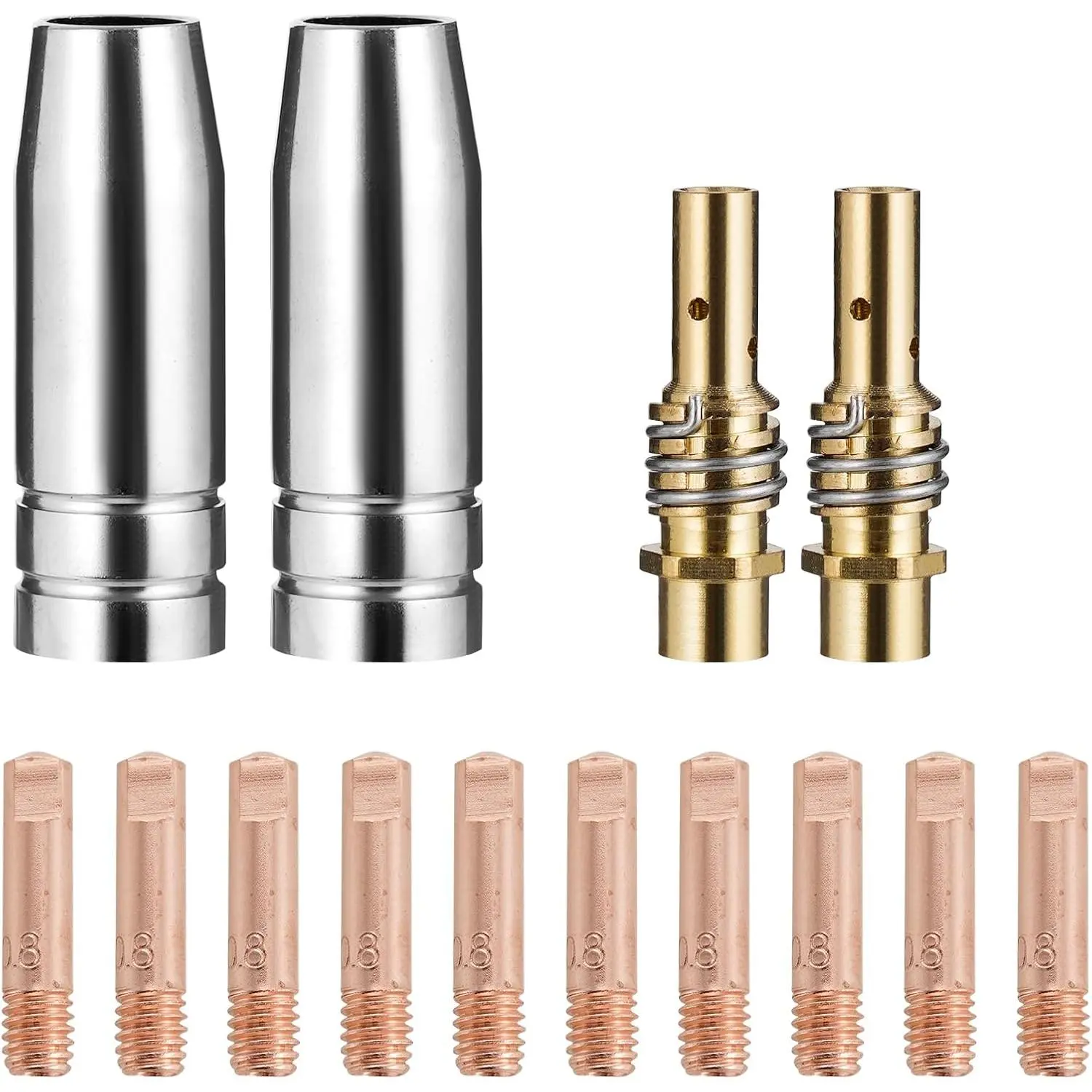 MB15 15AK Gas Shielded MIG/MAG Welding Torch Replacement Accessories Kit, Easy to Install, High-Temp Res., 10pcs x 0.030" Copper Contact Tips, 2pcs x Gas Diffusers, 0.8mm Nozzle (14-Pk), Copper Tips, 0.030 Inches