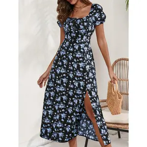 Ditsy Floral Print Side Slit Short Sleeve Dress For Spring & Summer, Women's Clothing