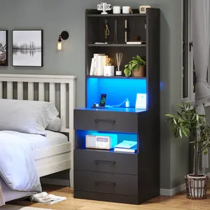 SIKAIC Modern LED Tall Nightstand with Bookshelf Charging Station, Grey Furniture - Tables, RGB LED Lights, 2 USB Ports, 2 Power Outlets, Modern End Table for Bedrooms, Living Rooms