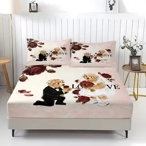 Romantic rose teddy bear printed pattern bed sheet, comfortable printed pattern, including 1 bed sheet and 2 pillowcases, comfortable bedding, anti slip dust cover suitable for bedrooms and guest rooms, suitable for adult gifts