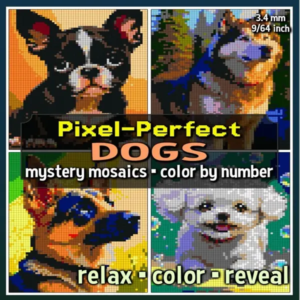Pixel-Perfect Dogs: Mystery Mosaic Color by Number Book for Adults & Teens | Relaxing Pixel Art Puzzles