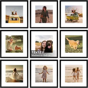 12x12 Frame Set of 9, Wooden 12 by 12 Square Picture Frames with Plexiglass for Picture 8x8 with Mat or 12x12 without Mat Art Collage for Wall Gallery and Tabletop Display, 12 x 12 Frame Black