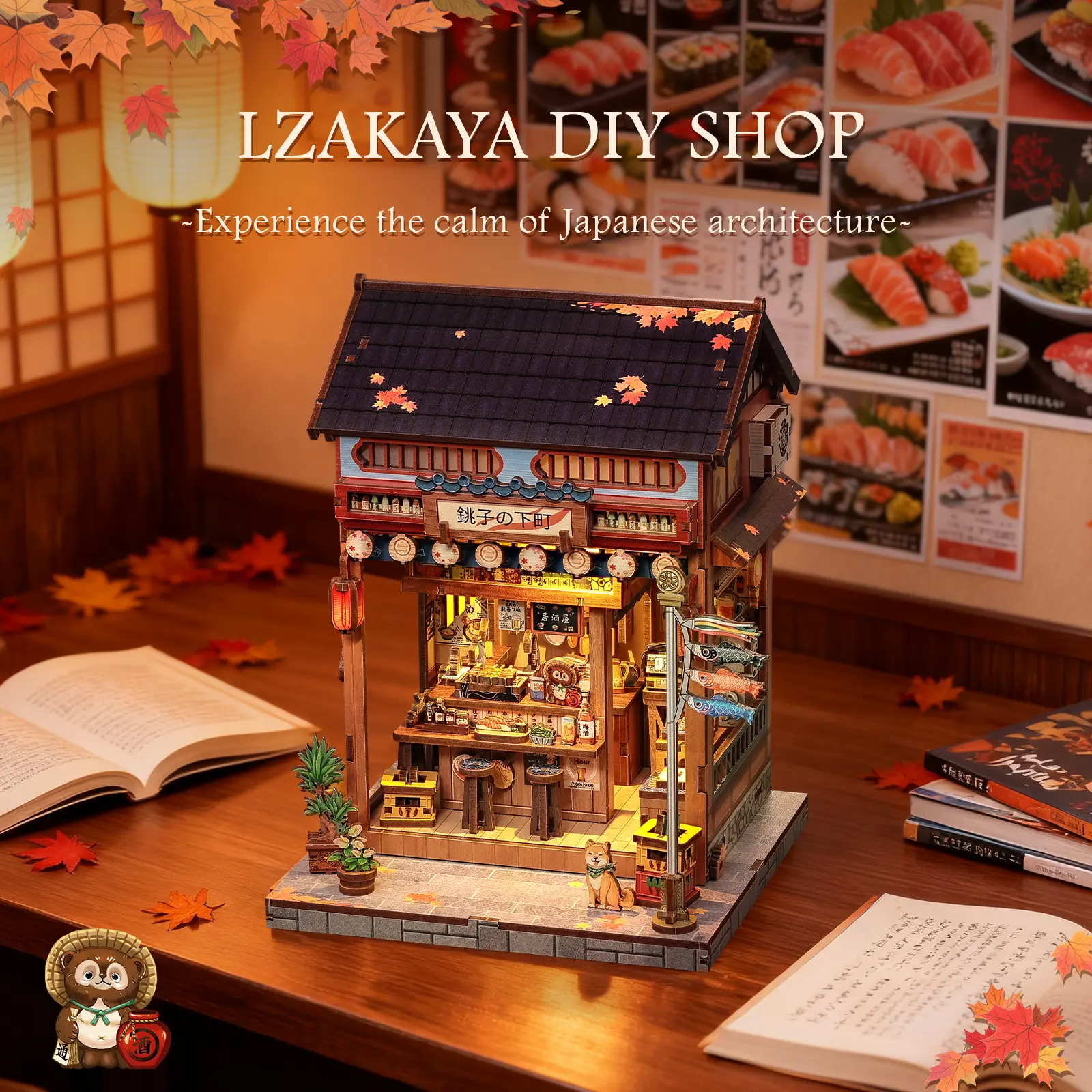 CUTEBEE Japanese Izakaya Book Nook Model Kit with LED Lights, 3D Compact Wooden Miniature House, Unisex DIY Building Model Buildable Blocks Kit, Whimsical Room Decor Handmade Craft Gift for Adults