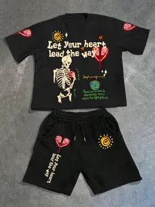 Dark Aesthetic Skull Print Two-Piece Set, Loose T-Shirt + Drawstring Waist Shorts with Heartbreak Pattern, Summer Street Style