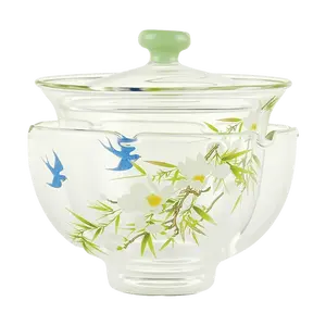 KAWASIMAYA Japanese Spring Blossom Glass Tea Set for One, Heat-Resistant Kung Fu Tea Cup Set, Elegant Ceramic Infuser