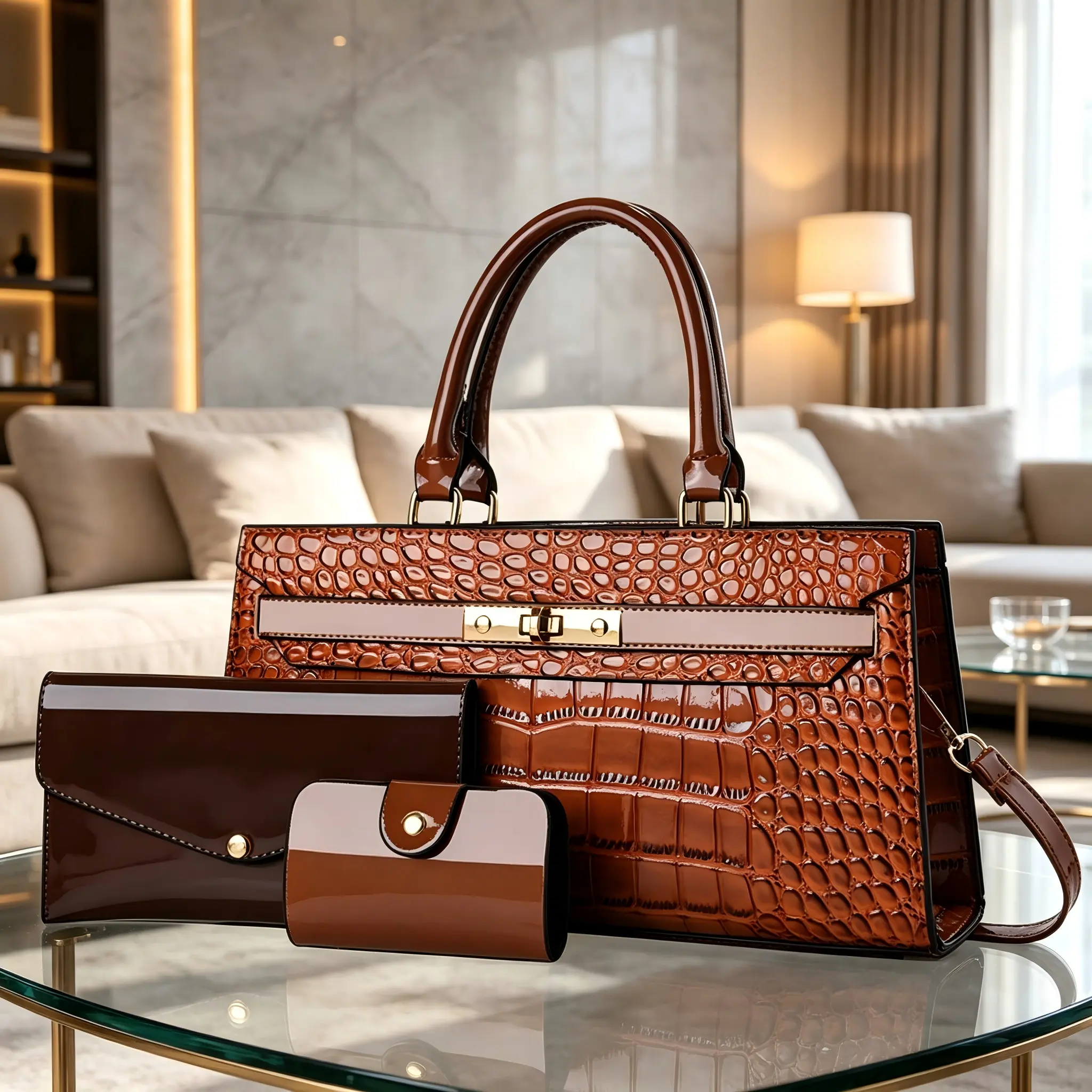 Women’s glossy crocodile-embossed handbag set, top-handle shoulder bag with clutch purse and card holder, luxury crossbody satchel bag for business and everyday use