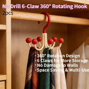 New 2pcs 360° Rotating 6-Claw Wall Hook, Strong Adhesive No Damage Organizer for Home Storage