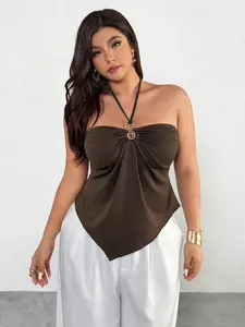 HANNA x Firerie Plus Size Women's Y2K Solid Color Metal Decor Ruched Halter Neck Camisole Brown